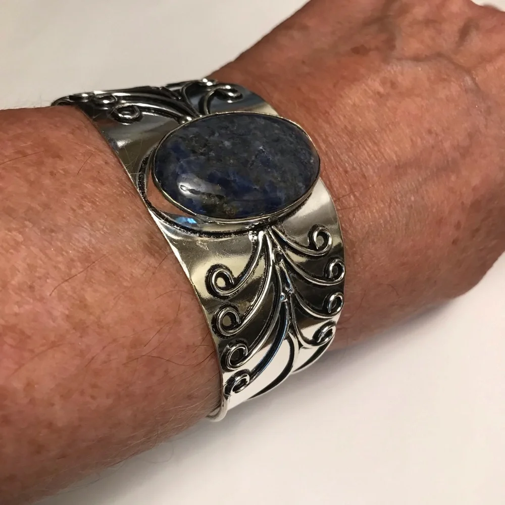 Lapis Lazuli Stamped Solid 925 Sterling Silver Cuff Bracelet